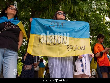 Berlino, Berlino, Germania. 11th giugno 2022. Una donna detiene una bandiera Ucraina che chiede aiuto per la regione di Kherson in Ucraina durante una protesta a Berlino, in Germania, sabato 11 giugno 2022. (Credit Image: © Dominic Gwinn/ZUMA Press Wire) Foto Stock