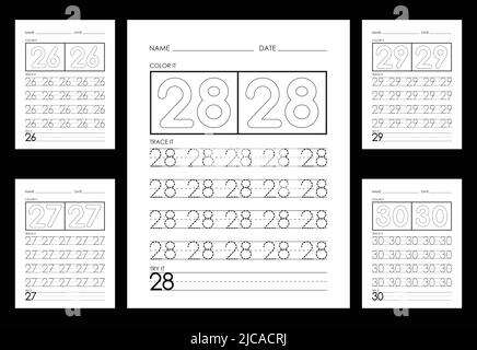 Numeri di traccia e di colorazione fogli di lavoro numeri di apprendimento. Illustrazione Vettoriale