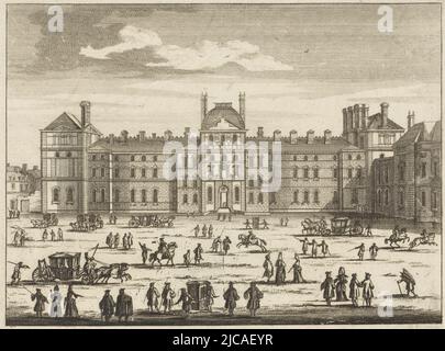 Parte di una facciata del Louvre a Parigi il Louvre, o Palazzo del Re viste di Parigi , tipografo: anonimo, editore: Pieter Schenk (i), (menzionato sull'oggetto), sconosciuto, (menzionato sull'oggetto), Amsterdam, 1675 - 1711, carta, incisione, h 170 mm x l 202 mm Foto Stock