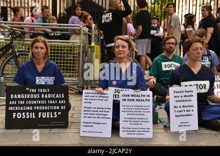 Estinzione medici, infermieri e altri professionisti della ribellione si sono riuniti per una protesta a Westminster per chiedere la fine degli investimenti nei combustibili fossili. Foto Stock