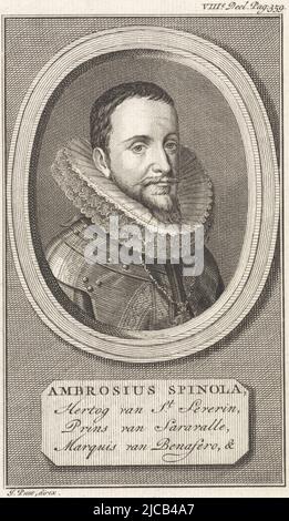 Ritratto di Ambrogio Spinola, marchese de los Balbases indossa una catena che porta l'ordine del vello d'Oro nella cornice il suo nome e la sua funzione in olandese, Ritratto di Ambrogio Spinola, marchese de los Balbases, tipografo: Jan Punt, Jan Punt, (menzionato in oggetto), Noord-Nederland, 1760, carta, incisione, incisione, h 181 mm x l 119 mm Foto Stock