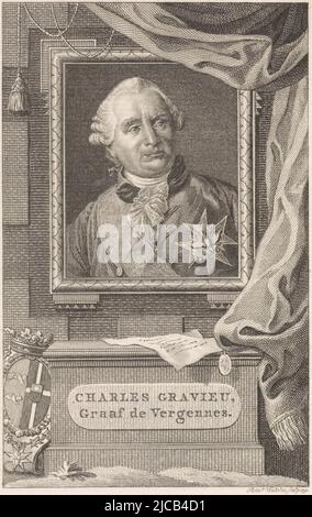 Ritratto di Charles Gravier, conte di Vergennes, statista francese e diplomatico sotto il ritratto un foglio inscritto di carta con un sigillo a sinistra il suo stemma, Ritratto di Charles Gravier, conte di Vergennes, tipografo: Reinier Vinkeles (i), (menzionato sull'oggetto), Amsterdam, 1791, carta, incisione, incisione, h 188 mm x l 118 mm Foto Stock