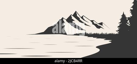 Montagna lago silhouette grafica arte bianco nero paesaggio illustrazione vettore. Illustrazione di montagna e lago in bianco e nero. Vettore di montagna Illustrazione Vettoriale