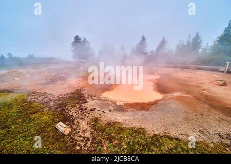 Solfer il vapore sopra la sorgente fangosa in Yellowstone Foto Stock