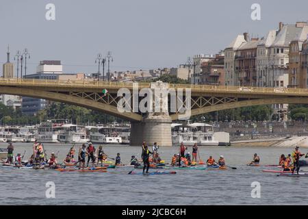 Budapest. 11th giugno 2022. I partecipanti prendono parte al SUP (Stand Up paddle) 2022 di Budapest sul Danubio, nel centro di Budapest, in Ungheria, il 11 giugno 2022. Credit: Attila Volgyi/Xinhua) (Attila Volgyi/Xinhua/Alamy Live News Foto Stock