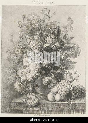 Ancora vita di fiori e frutta, tipografia: Johannes Arnoldus Boland, (menzionato in oggetto), dopo: Jan Frans van Dael, (menzionato in oggetto), Amsterdam, c.. 1860 - c. 1900, carta, incisione, h 178 mm - l 130 mm Foto Stock