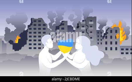 Donna e uomo ucraini che tengono il cuore a colori della bandiera nazionale. La gente abbraccia il simbolo dell'Ucraina in piedi nella città burning fra le case rotte, illustrazione piatta del vettore delle rovine. Salvare il concetto di Ucraina Illustrazione Vettoriale