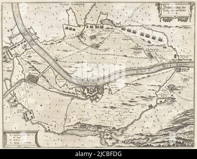 Mappa di Gennep con la Casa di Gennep e dintorni, assediata e conquistata dall'esercito di Stato sotto Federico Enrico, 6 giugno - 27 luglio 1641 con la linea di circumvalazione degli assediatori e dei loro campi di esercito in basso a sinistra su un piedistallo la leggenda A-C in tedesco, Assedio di Gennep, 1641 Belgerung des Vesten Schloss u[nd] passa Gennep Obsidio Geneppae , tipografo: anonymous, Claes Jansz. Visscher (II), (laboratorio di), Pieter Hendricksz. Schut, (attribuito a), Germania, 1641 - 1649, carta, incisione, h 276 mm x l 365 mm Foto Stock