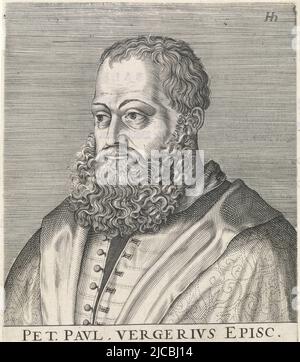 Busto a sinistra di Pietro Paolo Vergerio sotto il ritratto il suo nome e quattro righe in latino Stampa dalla parte 1 della serie di ritratti di famosi riformatori, Ritratto di Pietro Paolo Vergerio famosi riformatori Icones virorum nostra patrumq memoria illustrium , tipografo: Hendrick Hendius (i), (oggetto in oggetto), Staten-Generaal, (oggetto in oggetto), l'Aia, 1599, carta, incisione, stampa su carta intestata, h 167 mm x l 120 mm Foto Stock