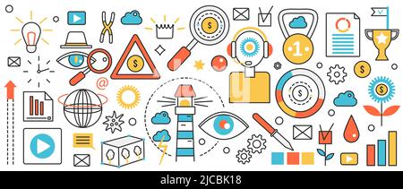 Nuove sfide e risultati aziendali. Lente di ingrandimento astratta per la ricerca degli obiettivi, la crescita dei soldi e il supporto, lampada luminosa idea creativa nel banner di concetto infografico, design sottile dell'arte Illustrazione Vettoriale