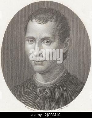 Ritratto di Niccolo Machiavelli Ritratti di italiani famosi in ovali , tipografo: Giuseppe Marri, (citato in oggetto), disegnatore intermedio: Giuseppe Longhi, (citato in oggetto), dopo: Santi di Tito, (citato in oggetto), Italia, 1798 - 1852, carta, incisione, h 330 mm, l 241 mm Foto Stock