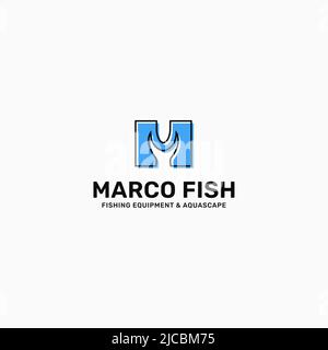 Disegno di illustrazione del modello del logo del pesce della lettera M. Logo di pesce minimalista, adatto per la pesca, ristoranti di pesce, o altro. Illustrazione Vettoriale