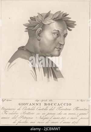 Ritratto del poeta e scrittore Giovanni Boccaccio, tipografo: Antonio Regona, (menzionato in oggetto), redattore intermediario: Luigi agricola, (menzionato in oggetto), dopo: Rafaël, (menzionato in oggetto), Italia, 1770 - 1853, carta, incisione, h 302 mm x l 201 mm Foto Stock