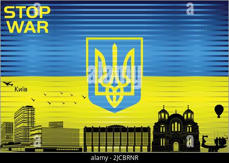 Skyline della città di Kyiv con bandiera dell'Ucraina sullo sfondo - illustrazione, bandiera lucida della Grunge dell'Ucraina Illustrazione Vettoriale