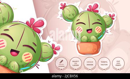 Cute cartoon cactus - divertente adesivo Illustrazione Vettoriale