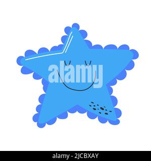 Mare di stelle marine, isolato vettoriale, disegno a mano di colore blu. Simpatico personaggio con volto Illustrazione Vettoriale