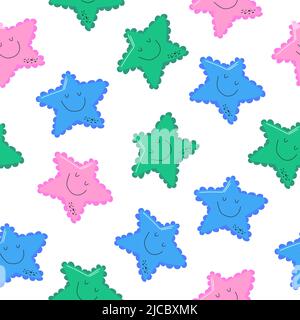 Motivo estivo senza cuciture con stelle marine rosa, blu e verde. Illustrazione vettoriale del mare per sfondo, tessuto, tessuto. Immagine marina disegnata a mano su bianco Illustrazione Vettoriale