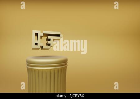 Belle illustrazioni astratte Golden pixel freccia mano destra icone simbolo su una colonna dorata e sfondo meraviglioso. 3d rendering illustrato Foto Stock
