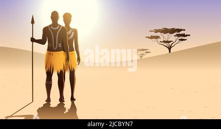 Uomo e donna aborigeno africano con arte del corpo e vestito etnico tradizionali, in piedi su un paesaggio di sabbia soleggiato e tenendo una lancia. Illustrazione vettoriale della coppia di tribù Massai. Illustrazione Vettoriale