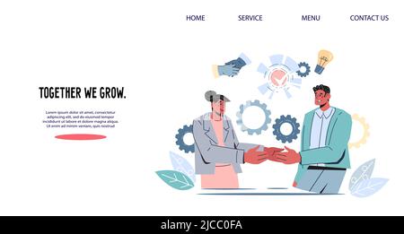Accordo on-line o firma del contratto idea per sito web pagina. Gli uomini d'affari scuotono le mani sullo sfondo degli schermi dello smartphone. Business online e lontano Illustrazione Vettoriale