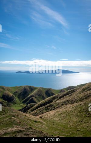 Isola di Kapiti e terreno agricolo vicino a Paekakariki, Wellington, Isola del Nord, Nuova Zelanda Foto Stock