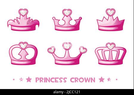 Cartoon rosa corona de Princess, icone set. Carino illustrazione vettoriale per le ragazze Illustrazione Vettoriale