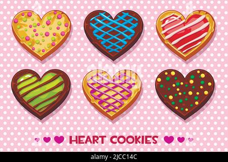 Pane zenzero a forma di cuore e biscotti al cioccolato con glassa multicolore, per un giorno di buon San Valentino Illustrazione Vettoriale