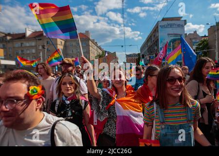 Wroclaw, Wroclaw, Polonia. 11th giugno 2022. Quasi 20.000 persone hanno partecipato alla marcia LGBT nel centro di Breslavia. L'ordine è stato mantenuto dalla polizia, e la contromisura era composta da 10 persone. (Credit Image: © Krzysztof Zatycki/ZUMA Press Wire) Foto Stock