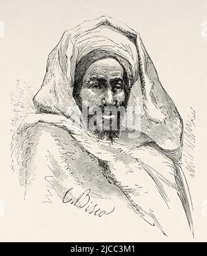 Ritratto di un uomo della tribù Beni Hassan, un gruppo nomade di origine araba, una delle quattro sub-tribù delle tribù arabe Maqil che emigrò nel Maghreb nel 10th secolo, Marocco. Nord dell'Africa. Marocco di Edmondo de Amicis 1875. Le Tour du Monde 1879 Foto Stock