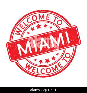 Benvenuto a Miami. Impressione di un francobollo tondo con un puffo. Stile piatto Illustrazione Vettoriale