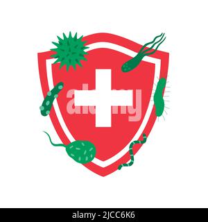 Sistema immunitario concetto con scudo medico. Difesa batterica e da virus. Illustrazione Vettoriale