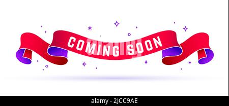 Disponibile a breve. Nastro rosso vintage con il testo che arriva soont. Banner vintage con nastro rosso, design grafico, in arrivo. Vecchio elemento scolastico per negozio aperto, negozio. Illustrazione vettoriale Illustrazione Vettoriale