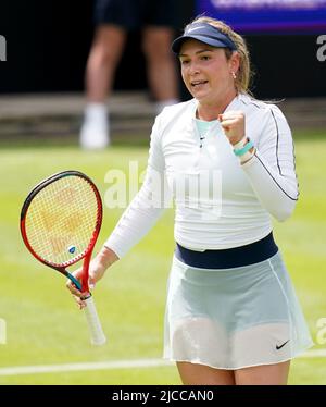 Donna Vekic reagisce contro Gabriela Lee il secondo giorno del Rothesay Classic Birmingham all'Edgbaston Priory Club. Data foto: Domenica 12 giugno 2022. Foto Stock