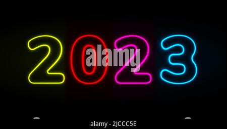 Felice anno nuovo 2023 neon segno. 2022 testo a colori su sfondo scuro. Colori trendy e vividi sfumature. Modello vettoriale per web header, pubblicità, Illustrazione Vettoriale