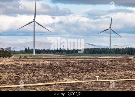 Blawhorn Moss National Nature Reserve e Burnhead Wind Farm turbine, West Lothian, Scozia, Regno Unito Foto Stock