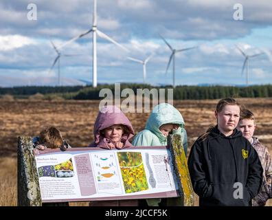 I bambini della scuola fredda al bordo di informazioni, la riserva naturale nazionale di Blawhorn Moss, Lothian occidentale, Scozia, Regno Unito Foto Stock