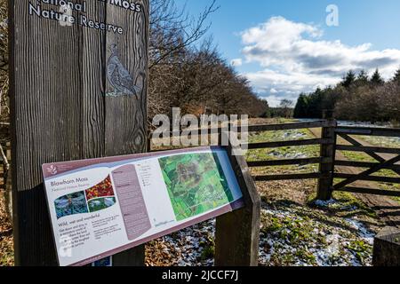 Informazioni sull'ingresso a bordo presso la riserva naturale nazionale Blawhorn Moss, West Lothian, Scozia, Regno Unito Foto Stock