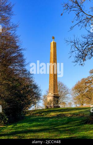 L'obelisco di pietra di Bath del 1839 al sole d'inverno nei terreni di Stourhead House, Wiltshire, Inghilterra, Regno Unito Foto Stock