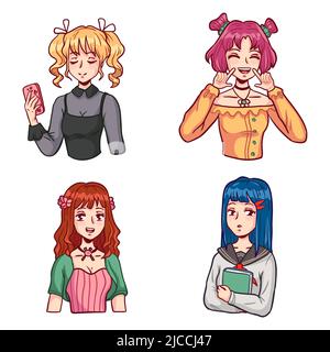 2203 S ST ANIME Girls character kit. Diverse donne in abiti casual. Bella studentesse manga con smartphone e libro in giapponese Illustrazione Vettoriale