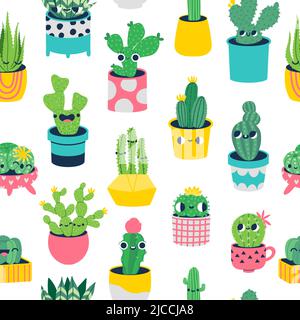 Modello senza cuciture Cactus. Piante in vaso carine con facce sorridenti. Caratteri botanici con espressioni allegre Illustrazione Vettoriale