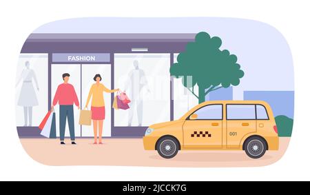 Cliente taxi città. Personaggi uomo e donna con borse per la spesa che ordinano cabine gialle. Servizio di trasporto città Cartoon Illustrazione Vettoriale