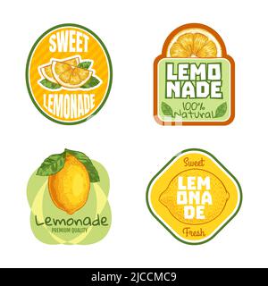 Etichetta limonata. Badge per bevande naturali con succo di agrumi. Prodotto biologico fresco con limone giallo. Bevanda estiva deliziosa Illustrazione Vettoriale