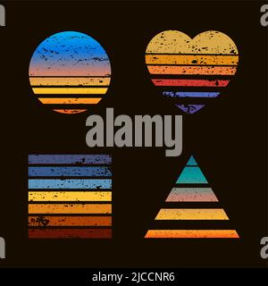 Stampe al tramonto a strisce retrò. Astratto 80s forme colorate per logo o stampa. Cerchio, cuore, quadrato e triangolo Illustrazione Vettoriale