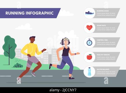 Eseguire l'infografica. Uomo e donna maratona running. Atleti che fanno jogging all'aperto nel parco cittadino. Sport esercizio Illustrazione Vettoriale