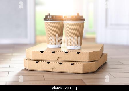 Pizza e caffè che comprano online e devilery. Scatole di cartone per pizza e tazza di plastica per caffè davanti allo sportello. illustrazione 3d Foto Stock