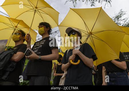 Tokyo, Giappone. 12th giugno 2022. I manifestanti tengono gli ombrelli gialli durante i tre anni della protesta di Hong Kong del 12 giugno 2019. Il 12 giugno 2022 segna il terzo anniversario della protesta di Hong Kong del 12 giugno 2019. E' stata scatenata dal controverso disegno di legge di emendamento dei delinquenti fuggitivi, noto anche come disegno di legge sull'estradizione. Diverse migliaia di cittadini di Hong Kong hanno manifestato contro il progetto di legge ed è stato l'inizio delle proteste di Hong Kong (2019-2020). Credit: SOPA Images Limited/Alamy Live News Foto Stock