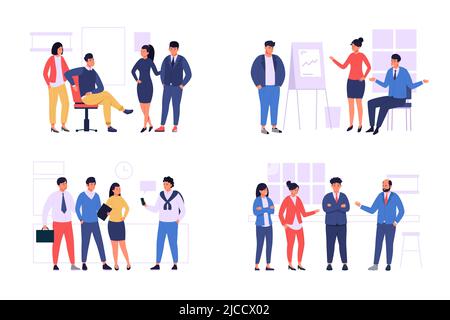 Gruppo del team di ufficio. Gli uomini d'affari che si levano in piedi insieme e comunicano, felici i dipendenti aziendali di successo vari. Colleghi vettoriali e partnership Illustrazione Vettoriale