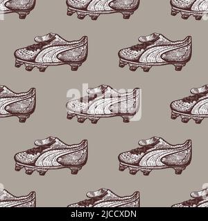 Scarpe da calcio con motivo senza cuciture. Sfondo vintage tema sportivo in stile disegnato a mano. Tessuto vettoriale a disegno ripetuto per stampa, tessuto, wrapp Illustrazione Vettoriale