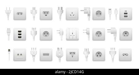 Presa e spina realistiche. Connettore di alimentazione CA, apparecchiature elettriche di tipo americano ed europeo. Connettore femmina e connettore maschio vettoriale standard multipli isolato Illustrazione Vettoriale