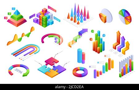 Infografica 3D elementi. Grafici isometrici barre di avanzamento con icone di persone per layout di presentazione aziendale e analisi finanziaria. Set vettoriale Illustrazione Vettoriale